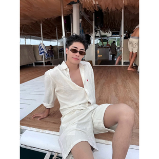 老钱风松弛感天丝亚麻衬衫短裤夏威夷海边度假男装套装休闲慵懒风