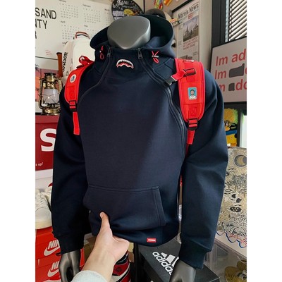 藏青色鲨鱼嘴连帽卫衣男秋冬美式