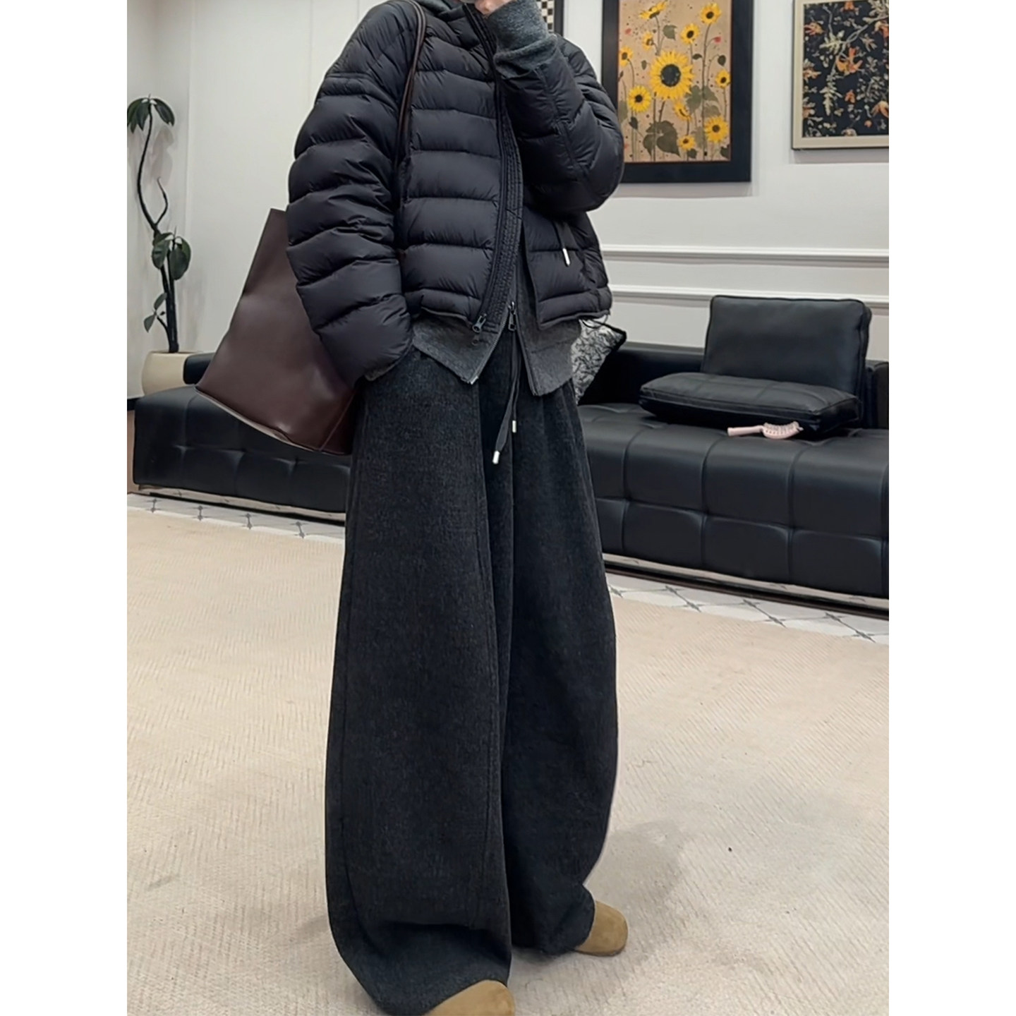 黑色加绒云朵弯刀裤男女冬季美式慵懒松弛感裤子直筒显瘦阔腿卫裤,男装,休闲裤,淘宝优惠券,粉丝福利购,淘宝优惠卷