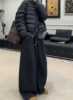 黑色加绒云朵弯刀裤男女冬季美式慵懒松弛感裤子直筒显瘦阔腿卫裤