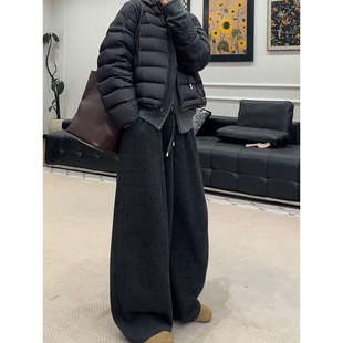 黑色加绒云朵弯刀裤男女冬季美式慵懒松弛感裤子直筒显瘦阔腿卫裤