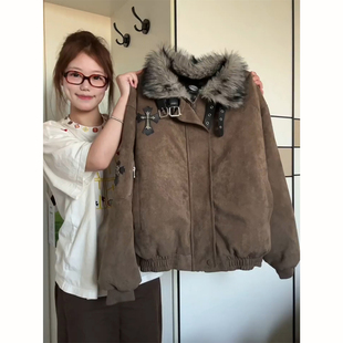 美拉德棕色毛领十字架棉服外套男款冬季加厚棉衣美式保暖工装夹克