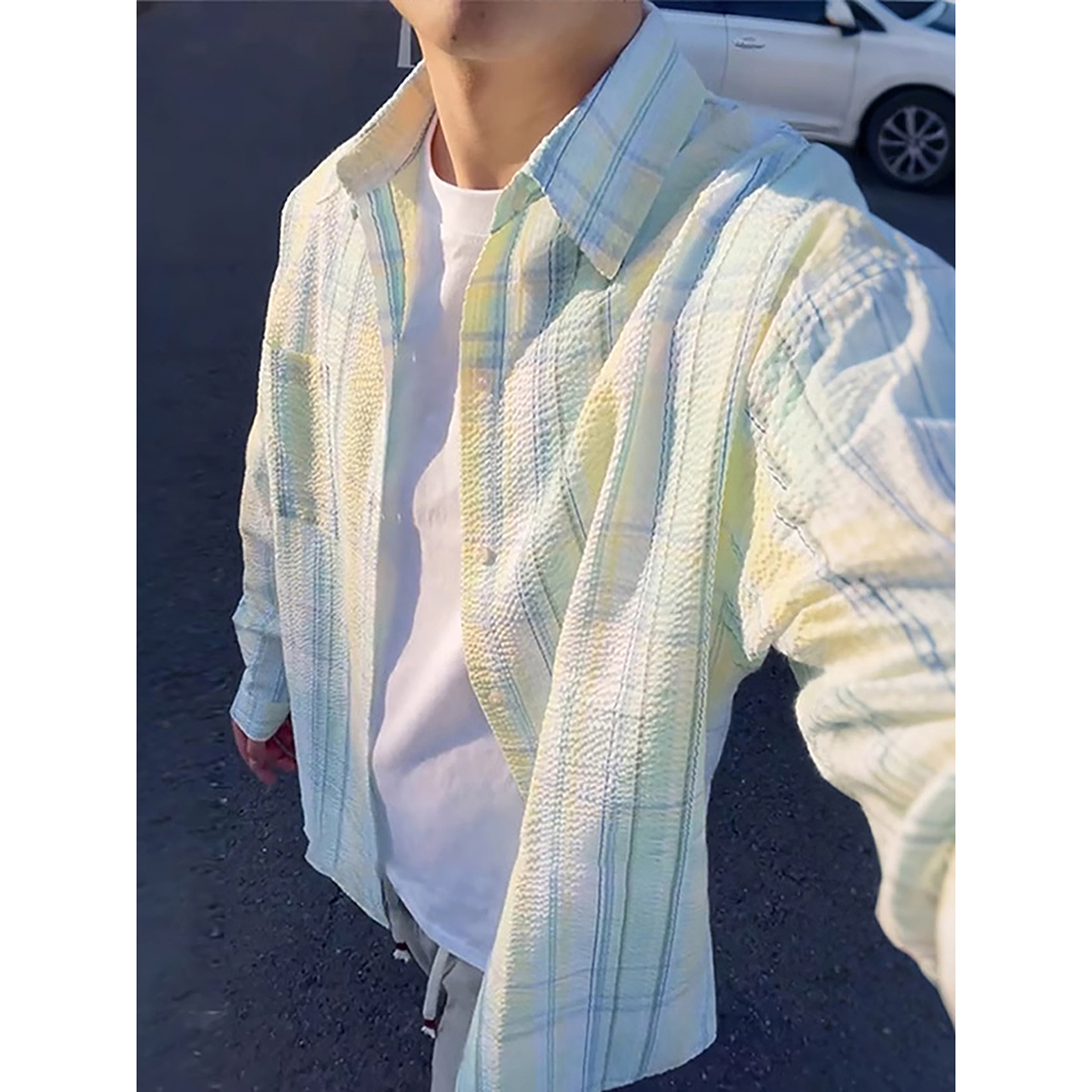 薄荷绿泡泡纱格子衬衫男款夏季薄