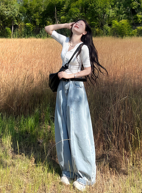 浅蓝色微喇牛仔裤男款小个子美式高街ibe弯刀裤子直筒阔腿工装裤