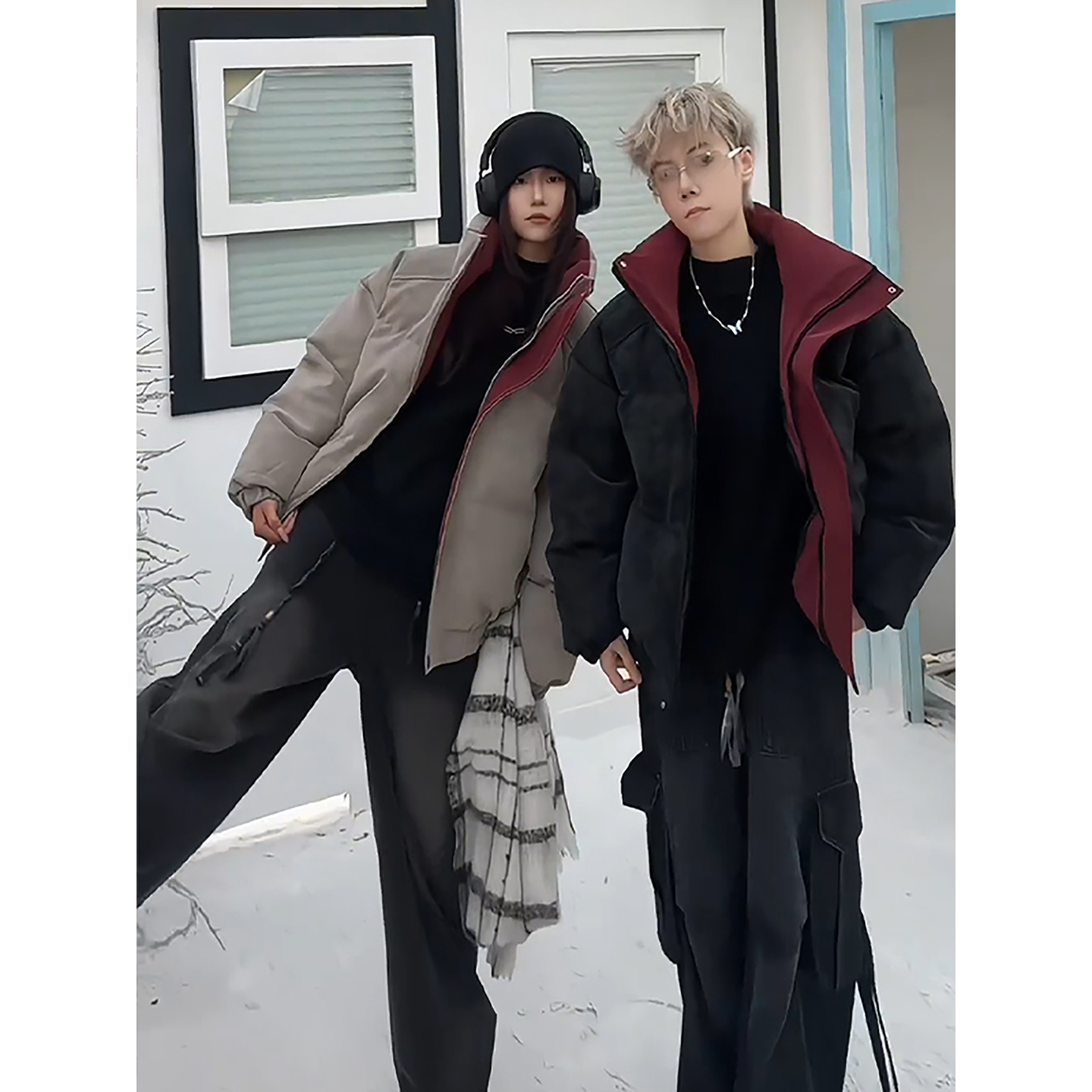 美式扎染立领PU皮棉衣男深冬独特