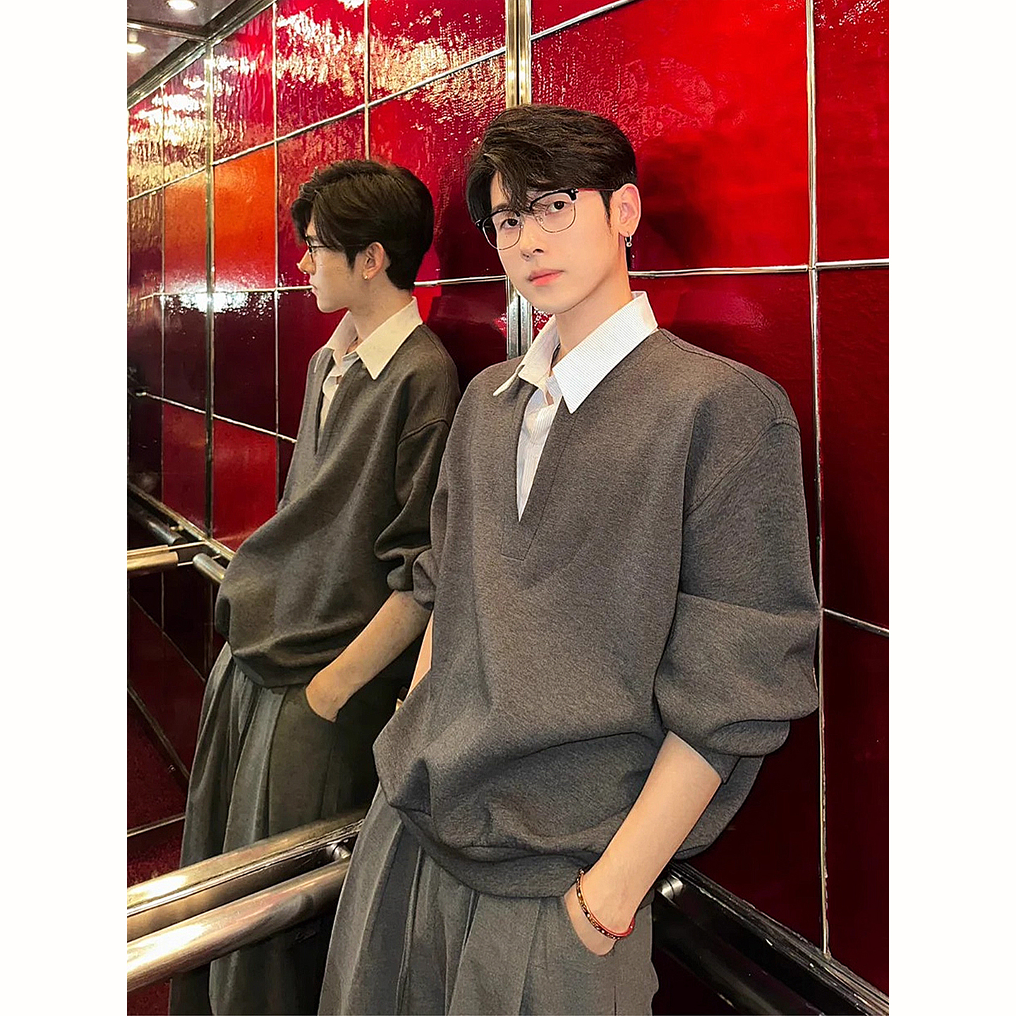 假两件衬衫领卫衣卫裤套装男生