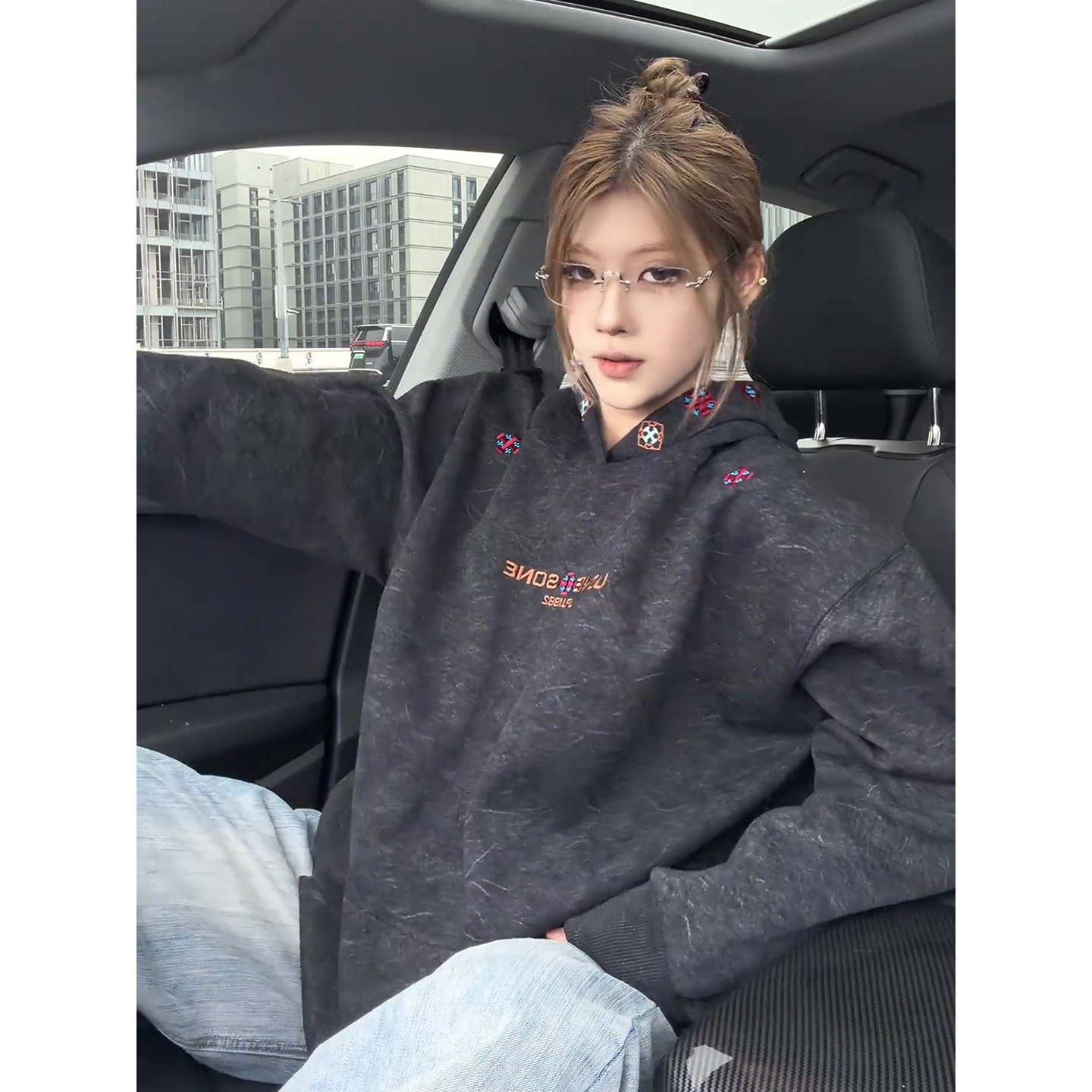 美式复古十字架刺绣卫衣男女秋冬