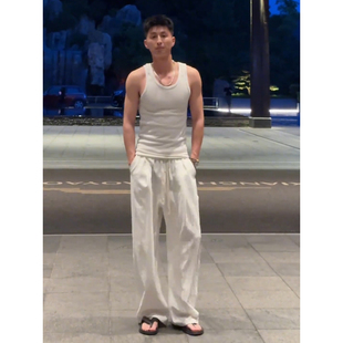休闲长裤 白色老钱风亚麻裤 垂感高级感薄款 松弛感阔腿裤 子男生夏季