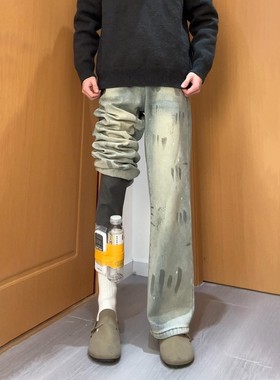 蓝色泼墨扎染弯刀牛仔裤男秋冬美式高街vibe裤子显腿长直筒微喇裤
