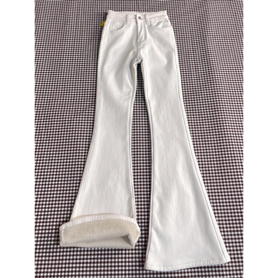 白色加绒高腰微喇牛仔裤男款秋冬