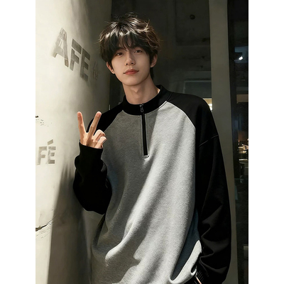 半拉链德绒打底衫男秋冬撞色拼接