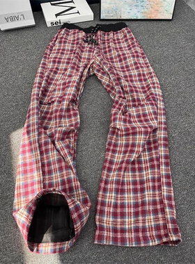复古高级感红色格纹裤子男夏季潮流撞色拼接褶皱弯刀裤直筒微喇裤