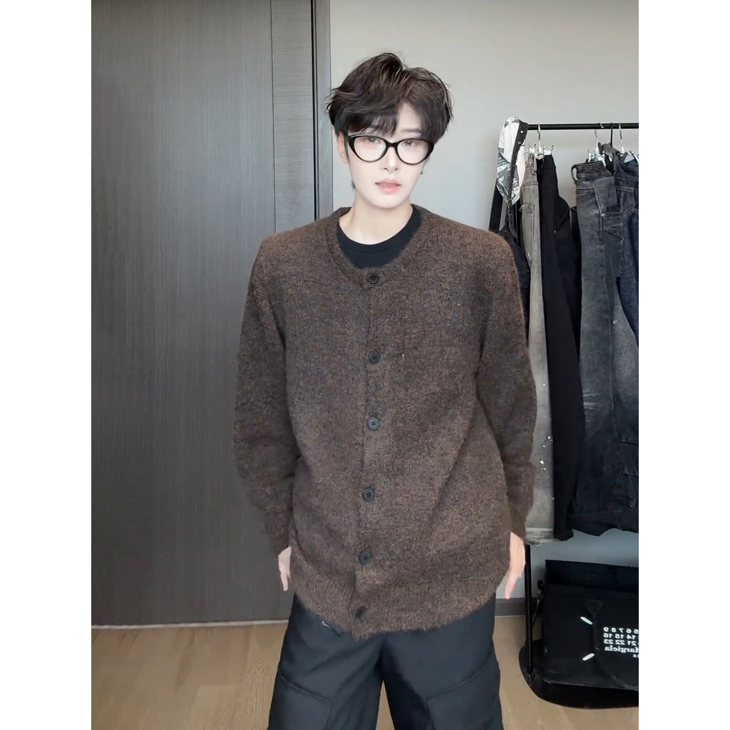 美拉德棕色针织开衫男秋冬美式