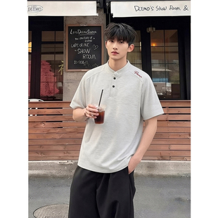 美式解构蜂窝刺绣亨利领短袖男款夏季重磅正肩t恤少年感立领半袖