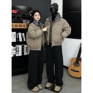 pu皮假两件连帽羽绒棉服男冬季痞帅高级感面包服加厚保暖晋江棉衣