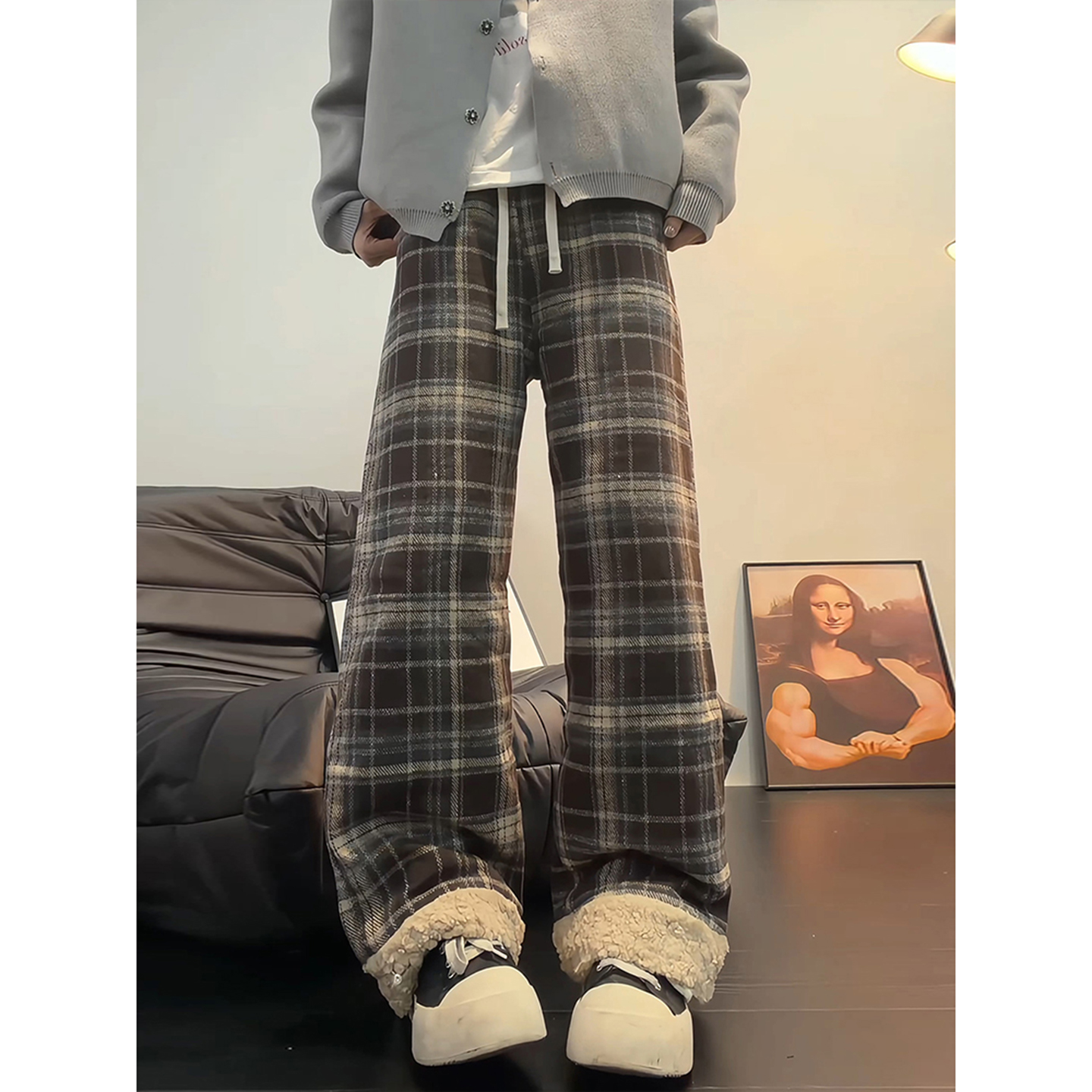 咖色加厚加绒格子裤男冬季