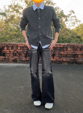 美式高街黑灰色微喇牛仔裤男秋冬小众设计感vibe裤子窄版弯刀长裤