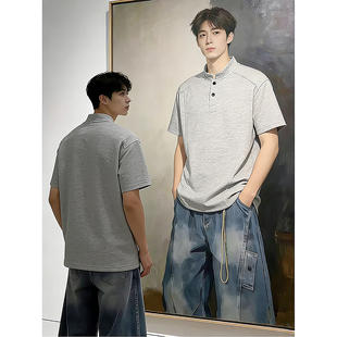 灰色亨利领正肩t恤男款高级感解构拼接boxy短袖美式复古立领上衣