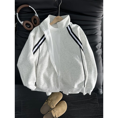 白花灰条纹开衫卫衣秋季ootd穿搭