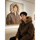 防寒保暖外套高级感短款 棕咖色毛领连帽pu皮棉服男款 冬季 棉衣袄子