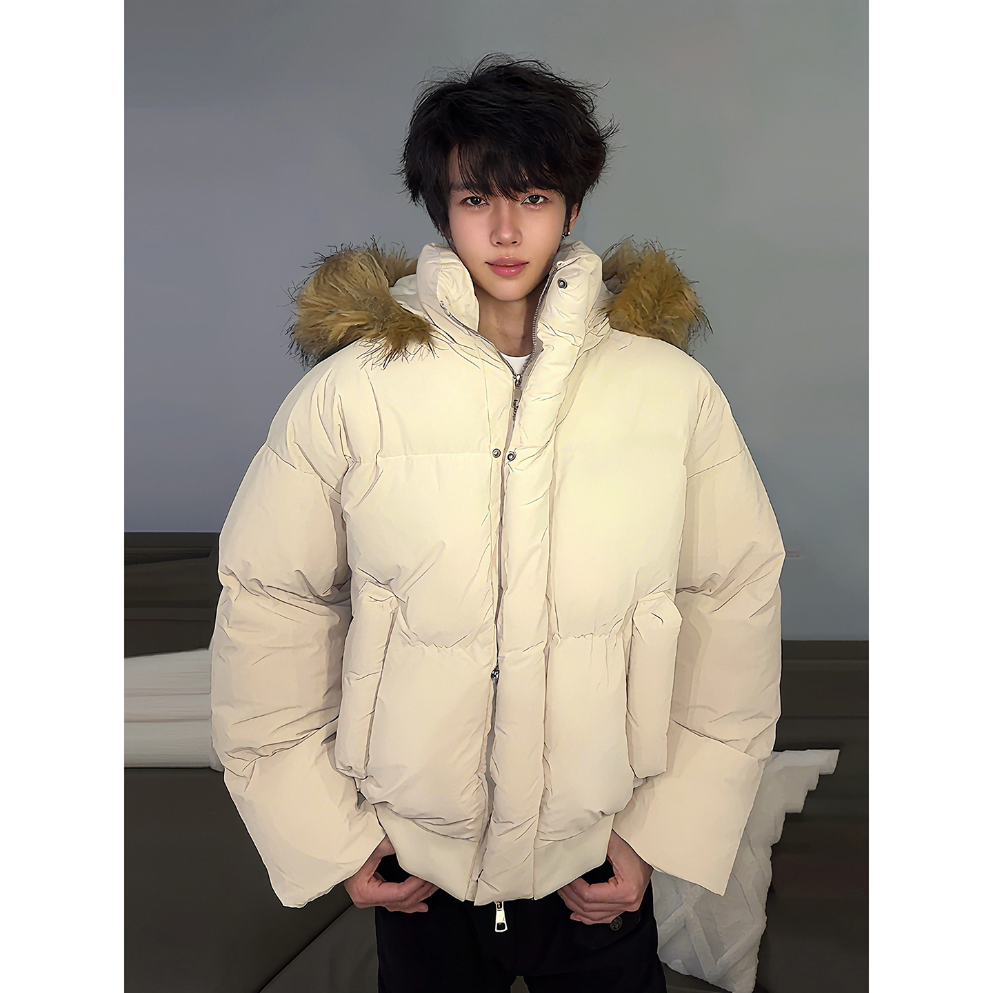 boxy可拆卸毛领羽绒棉服男款冬季