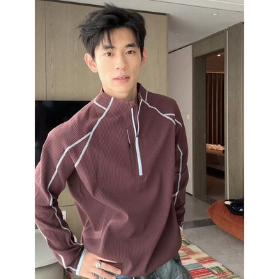 紫红色户外运动长袖t恤男秋季