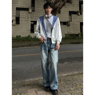 cleanfit短款 卫衣男秋季 廓形蓝格纹运动外套 重磅格子连帽开衫 美式