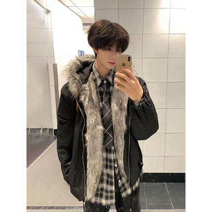 coolboybb座山雕毛领棉服男冬季加厚保暖短款外套黑色加绒棒球服