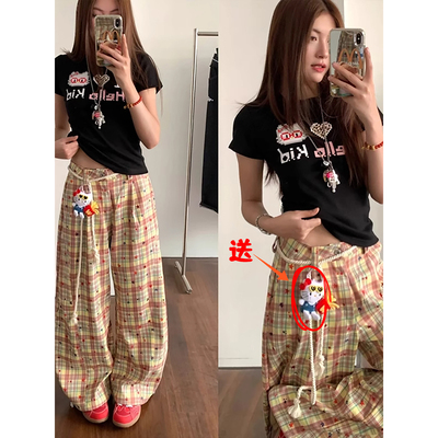 美式多巴胺撞色格子阔腿裤女夏季