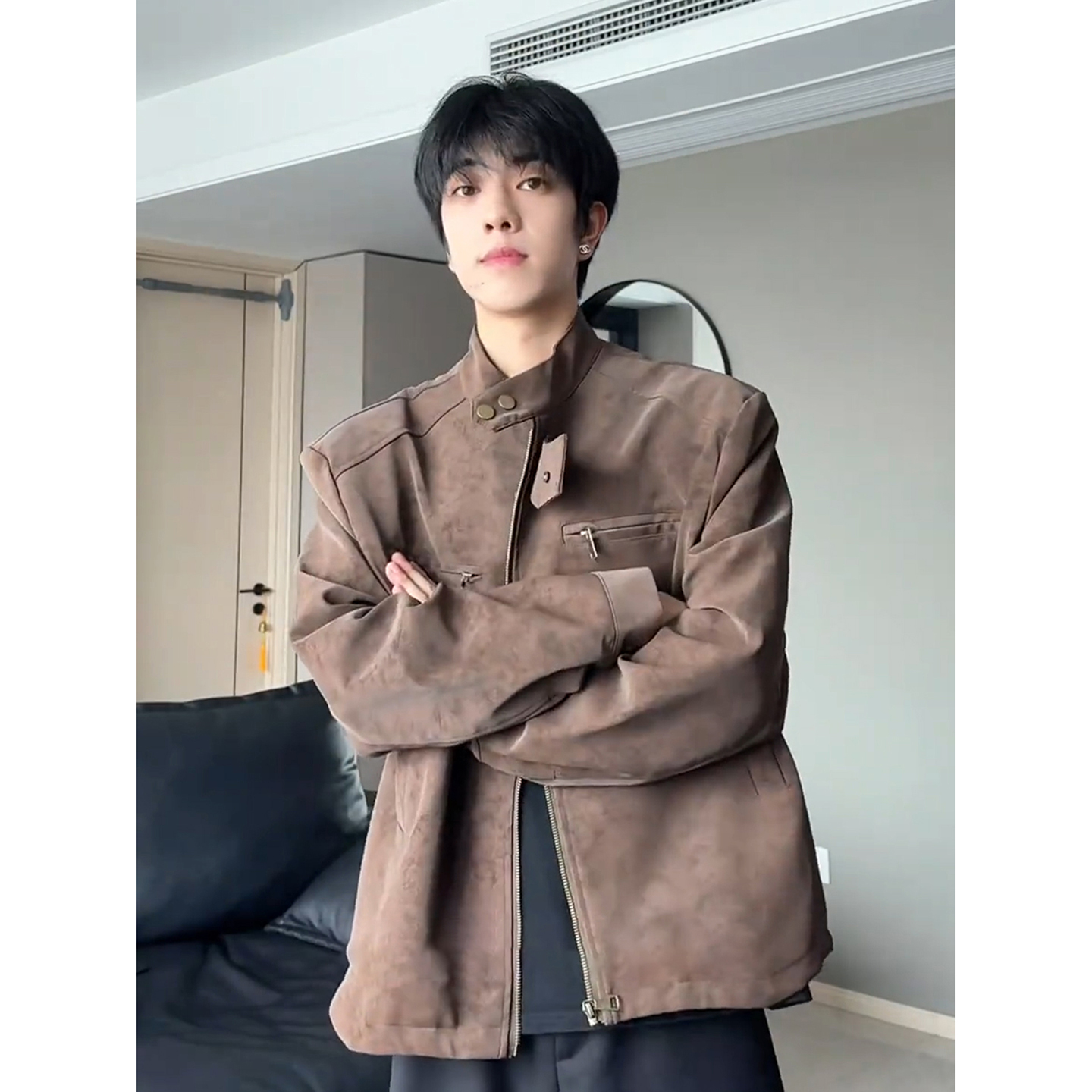 美拉德雾面棕色皮衣外套男装秋季