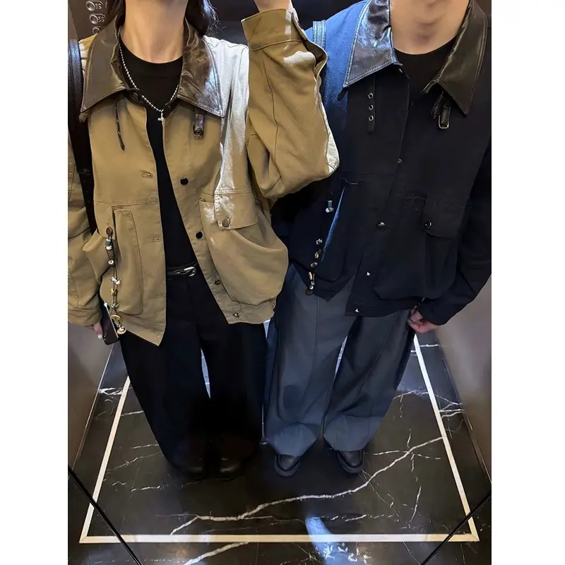 卡其色巴恩风工装夹克男秋冬美式大口袋短款外套设计感翻领棒球服