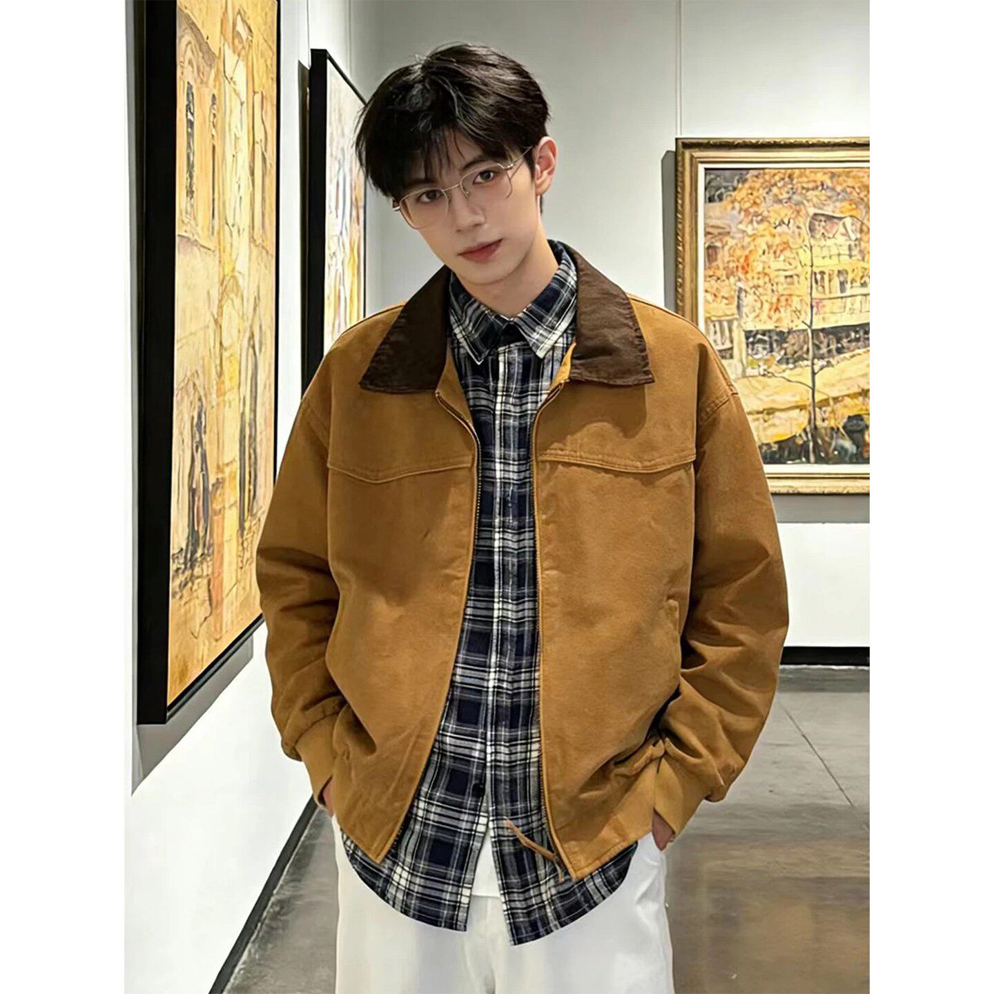 卡其色底特律工装夹克男春季美式短款巴恩风外套高级感翻领棒球服