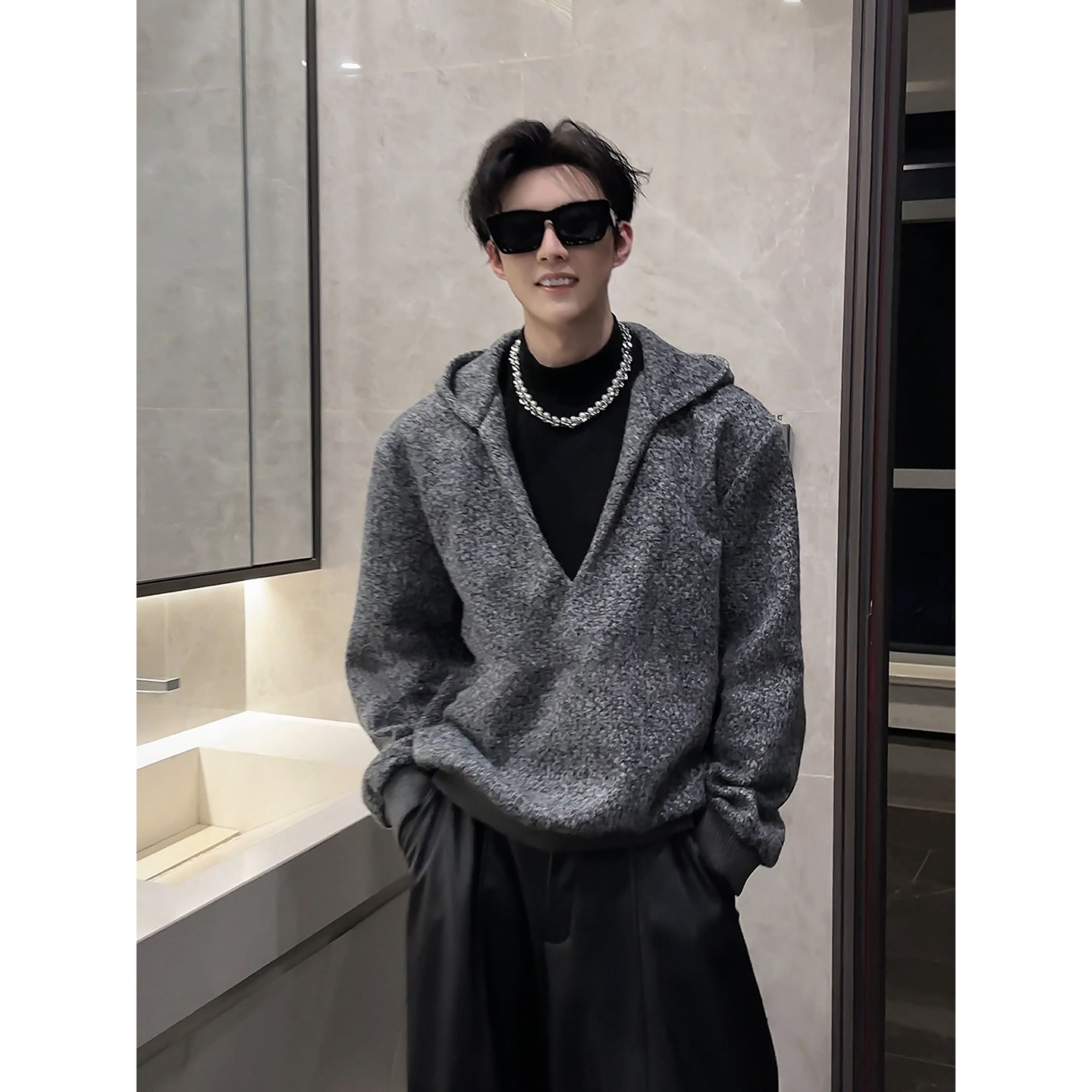 假两件美式重磅V领毛衣冬季加绒