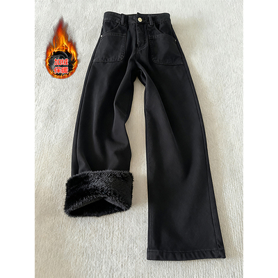 黑色加绒牛仔裤男直筒修身显腿长
