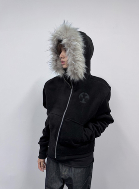 黑色开衫连帽毛领卫衣男秋冬高级感痞帅穿搭夹克cleanfit毛呢外套