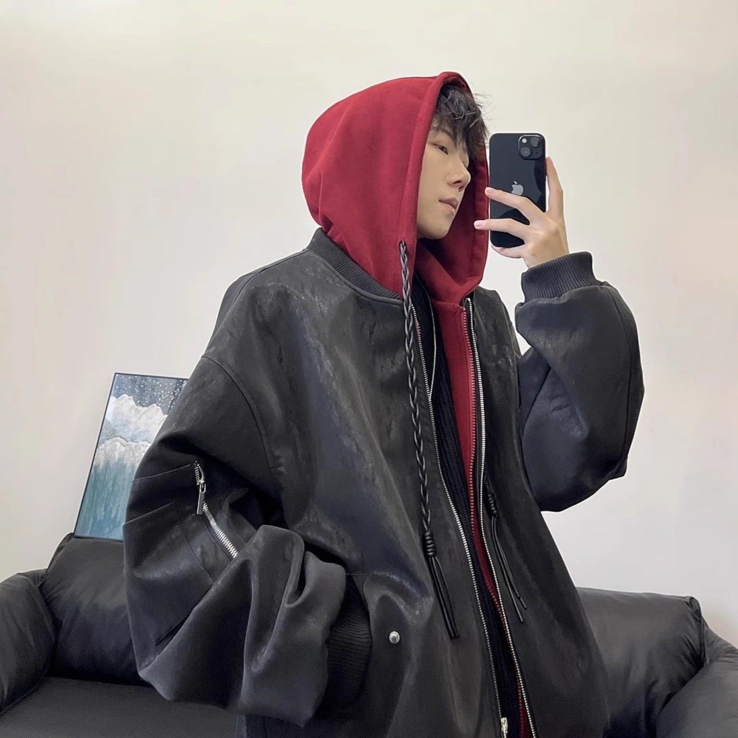 美式痞帅假两件连帽皮衣外套男