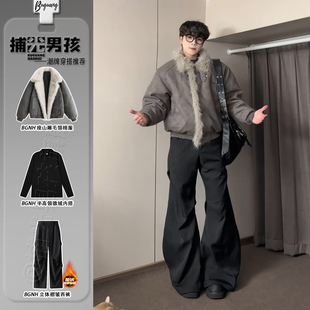 美式高街座山雕外套短款棉服男生冬季套装一整套直筒垂感褶皱西裤