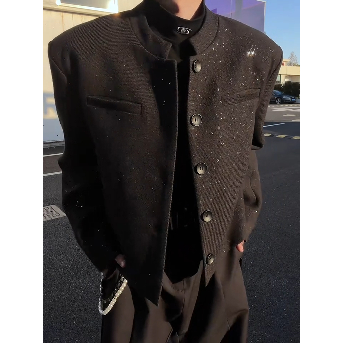 黑色满天星垫肩毛呢西装外套男模