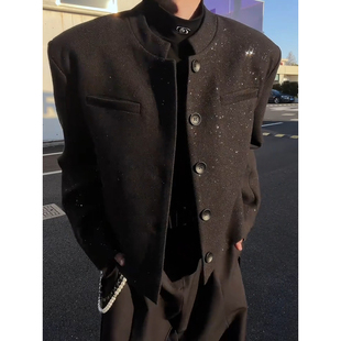 黑色满天星垫肩毛呢西装 痞帅休闲西服夹克 外套男模高级感穿搭短款