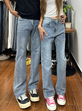 浅蓝色弯刀牛仔裤男款窄版加长直筒修身显腿长裤子高腰提档微喇裤