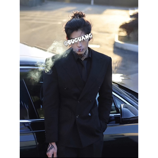 潮流新中式 痞帅枪驳领西服dk正装 结婚礼服 男25春季 黑色双排扣西装