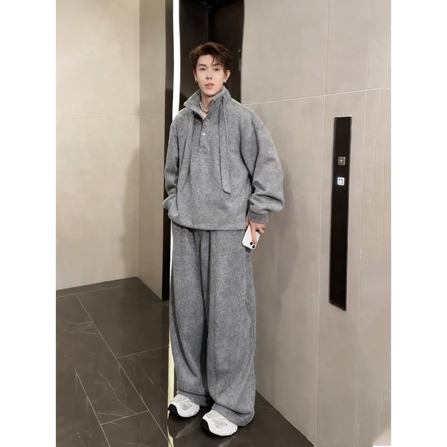 韩系慵懒风穿搭一整套灰色立领男
