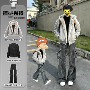 美式毛领连帽座山雕棉服外套冬季韩系风格穿搭男一整套装工装裤子