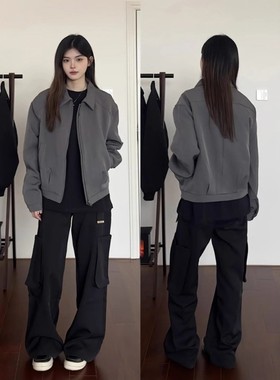 灰色短款垫肩行政夹克男秋季cleanfit美式复古外套正肩翻领小西装