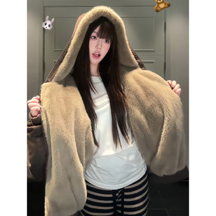 咖啡色仿貂毛座山雕连帽棉衣男冬季 夹克棉服毛茸茸厚外套 加厚美式