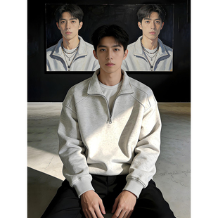 美式半拉链正肩卫衣男款春秋加绒长袖polo衫高级感学院风休闲外套