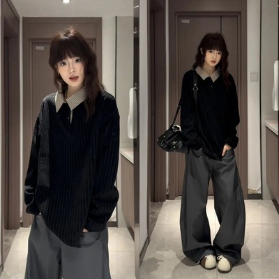 美式重磅鱼骨纹polo衫男女秋季