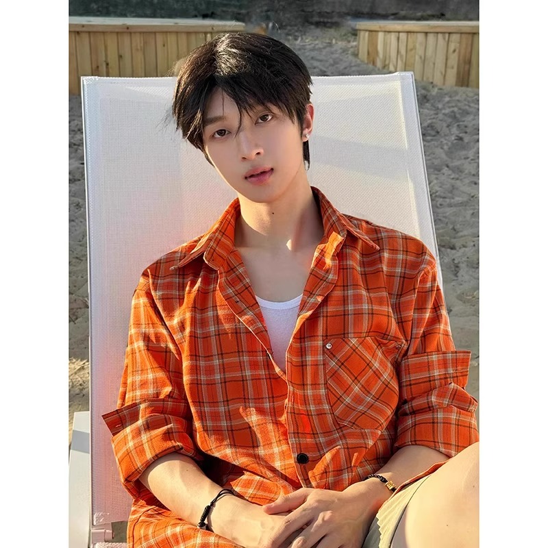 美式复古桔红色格子衬衫男慵懒风
