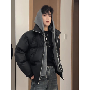 黑色连帽PU皮假两件羽绒棉服男款冬季防风防水加厚保暖面包服棉衣