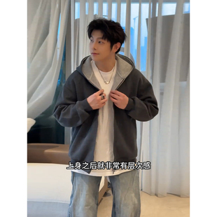高克重磅卫衣硬挺美式设计感拼色开衫外套oversize痞帅高级感帽衫